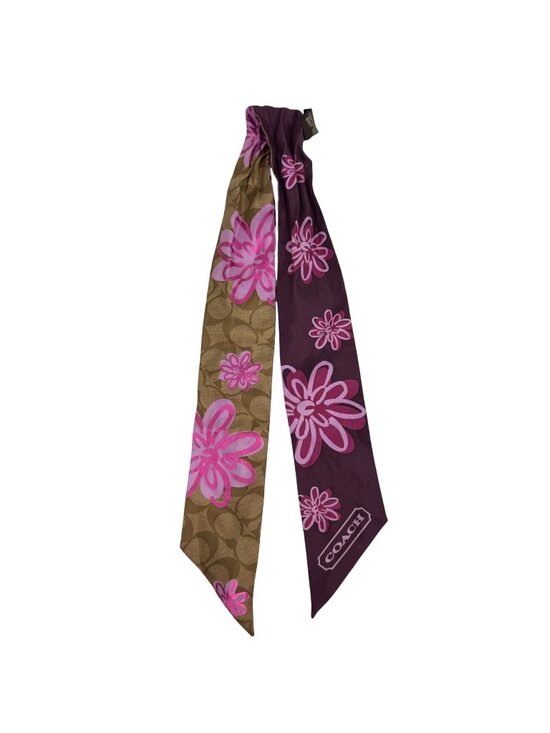 Coach Floral Print Skinny Silk Scarf Purple/Tan Lightweight For Bag Hair or Neck